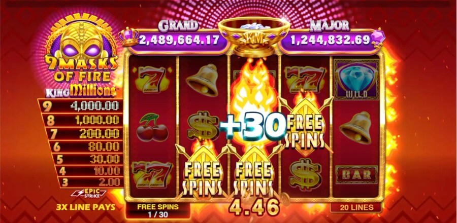 Free spins-läget i 9 Masks of Fire King Millions