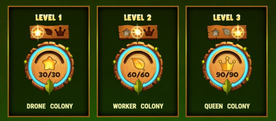 Rush meter-alternativ från Honey Rush 100: Level 1 Drone Colony, Level 2 Worker Colony, Level 3 Queen Colony.