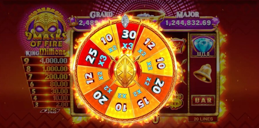 Free Spins hjulet i 9 Masks of Fire King Millions