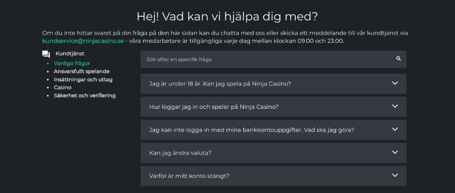 Ninja Casino kundsupport