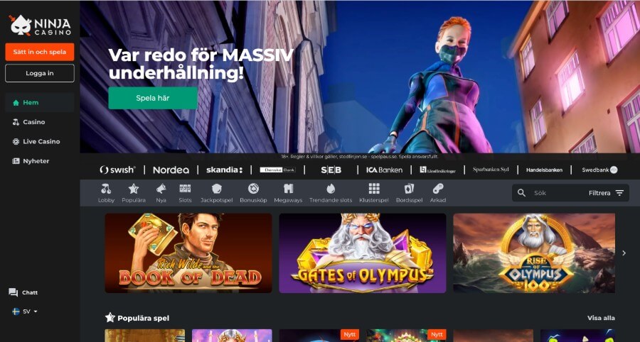 Ninja Casino huvudsida