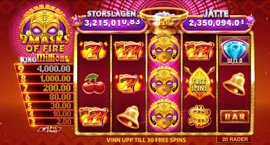 Huvudspel i 9 Masks of Fire King Millions