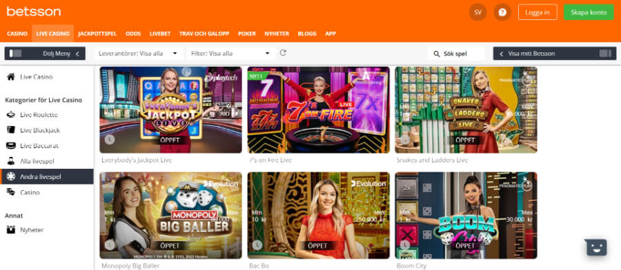 Betsson live casino game shows