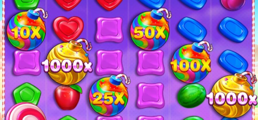 Rutnät från Sweet Bonanza 1000 med 6 multiplikatorsymboler.