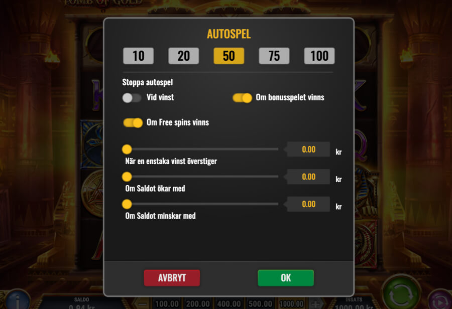 Autospel Tomb of Gold - Inställningar