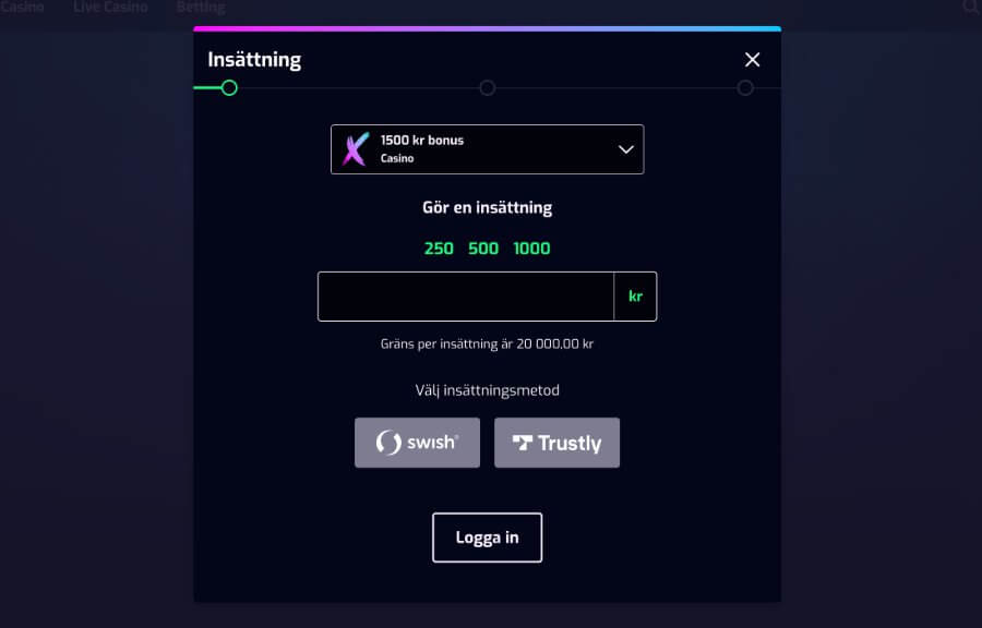 Insättning av pengar hos X3000 casino